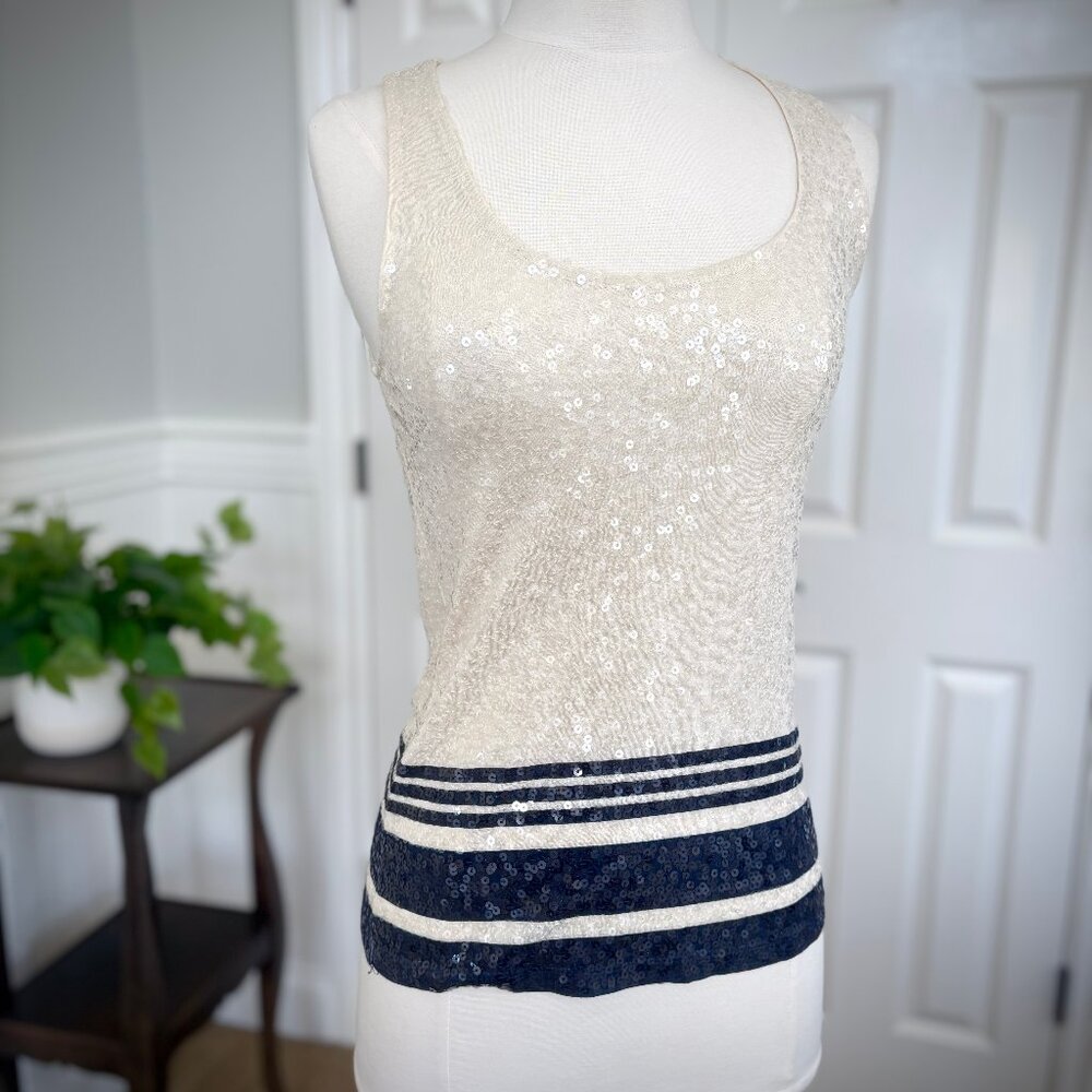 J. Crew Ivory and Navy Sequin Tank Top, XXS - runs big